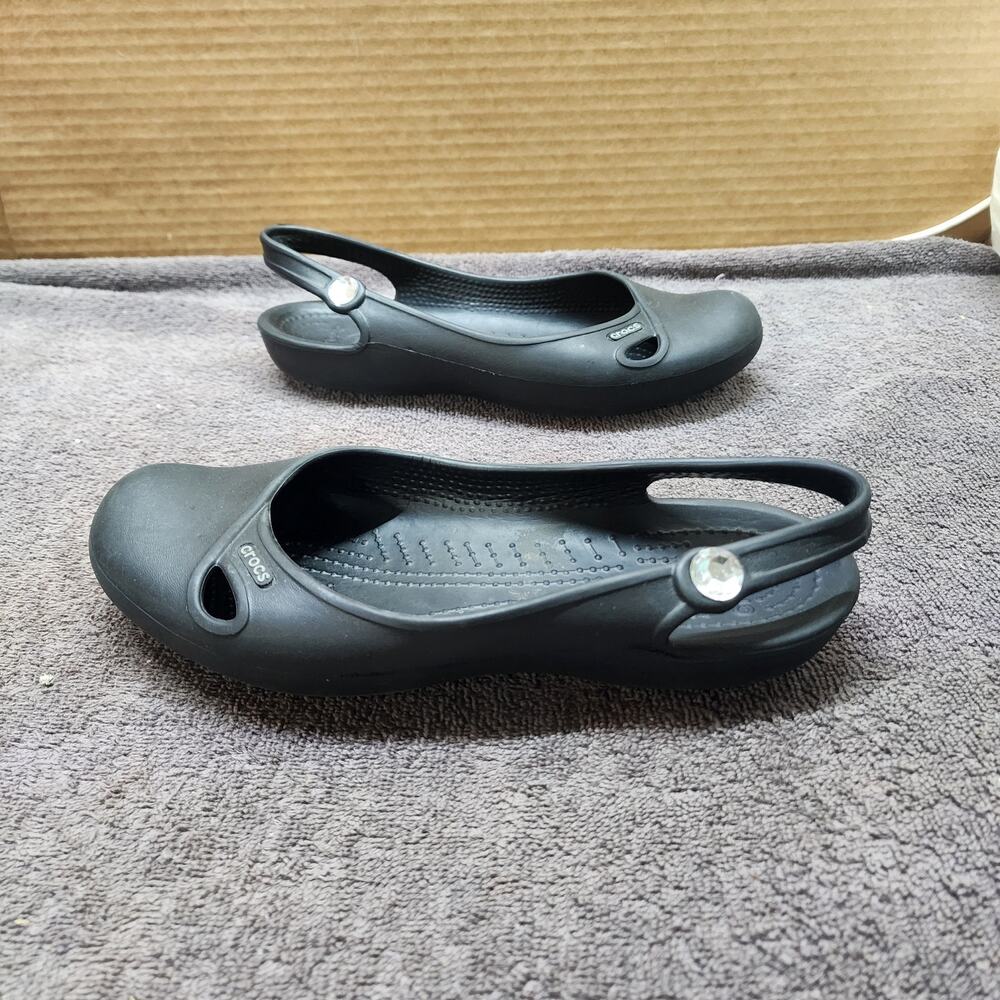 Crocs black flats sandals slippers shoes gem women size 8